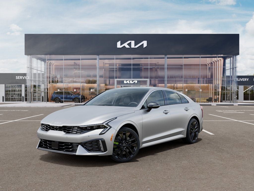 2026 Kia K5 GT in Steel Matte Gray — front three-quarter view