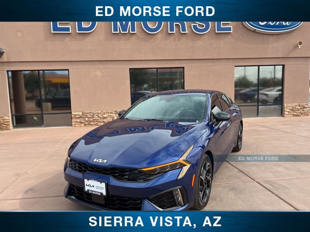 2025 Kia K5 GT-Line in Yacht Blue — front three-quarter view