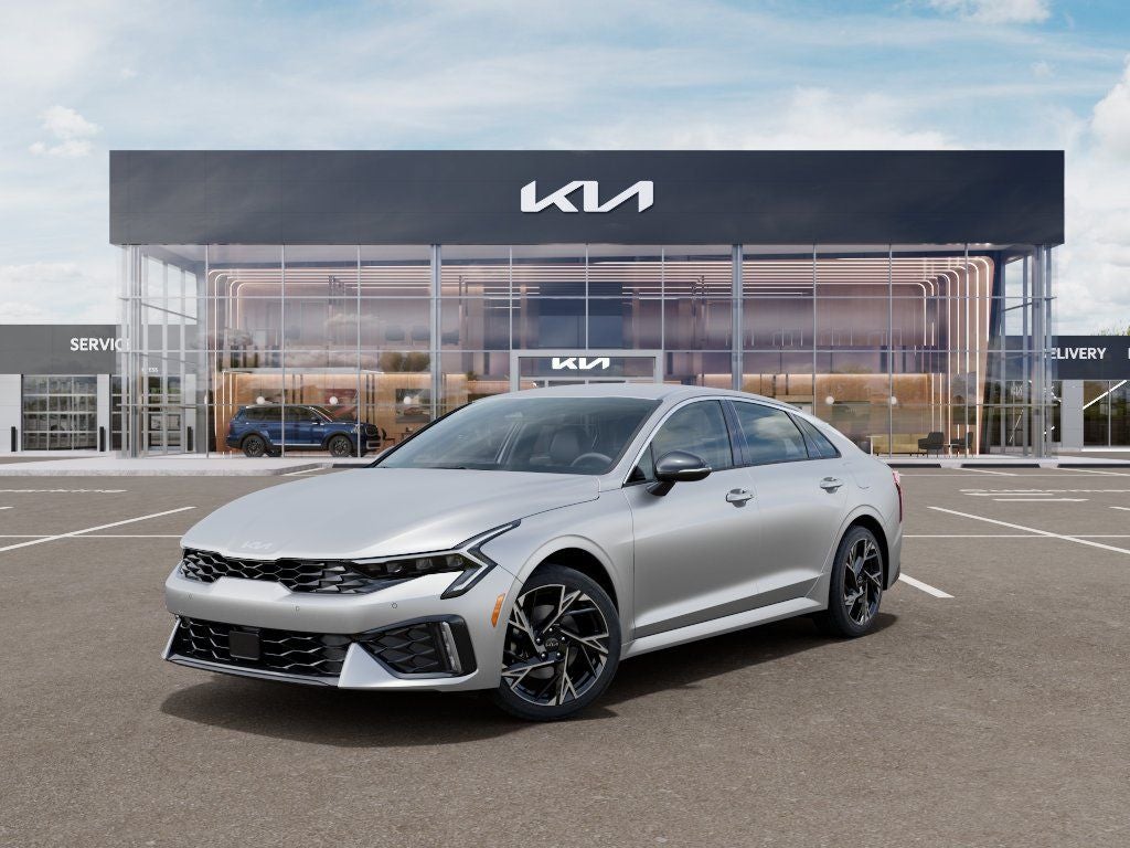 2026 Kia K5 GT-Line in Steel Matte Gray — front three-quarter view